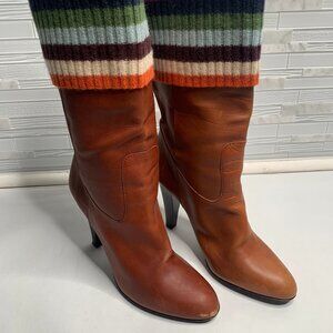 COACH Chestnut Leather Multi Color Knit Cuff  Boots